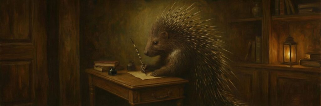 The Mountain Quill, a porcupine writing with a quill